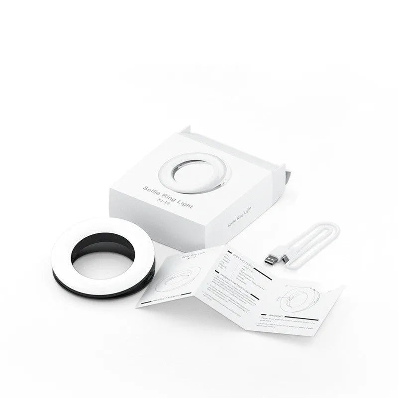 Compact black USB rechargeable selfie ring light for mobile phone photography