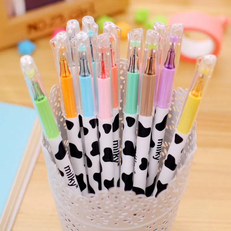 Cow pattern gel pen set with 12 assorted colours and 0.38mm fine point tips