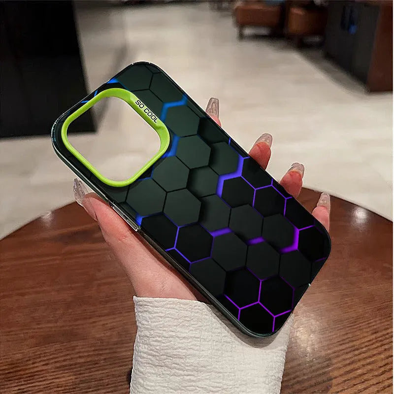 Frosted iPhone case with a contrasting honeycomb square design on the back in Moonlight Black.