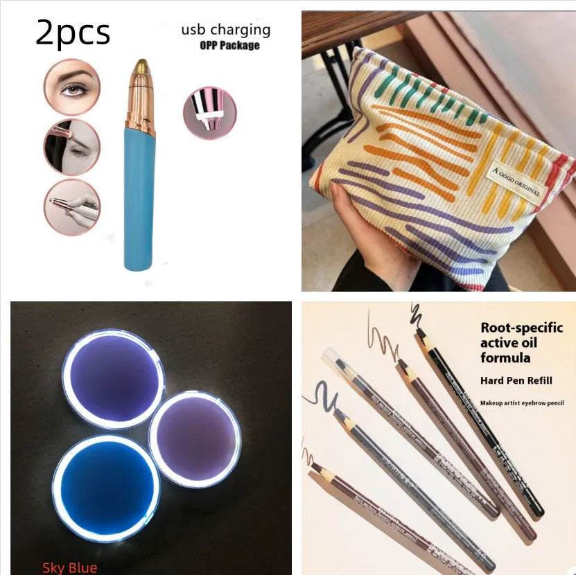 Eyebrow epilator pen with gold plated head and LED light on pink background