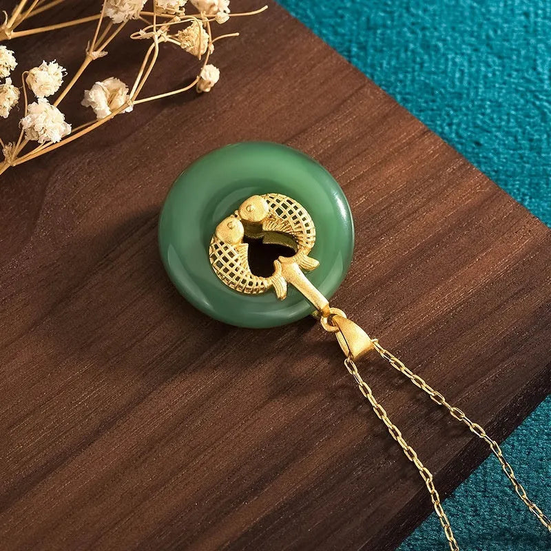 Gold koi necklace with artificial gemstone inlay on adjustable chain, CP571 Green colour, Chinese style