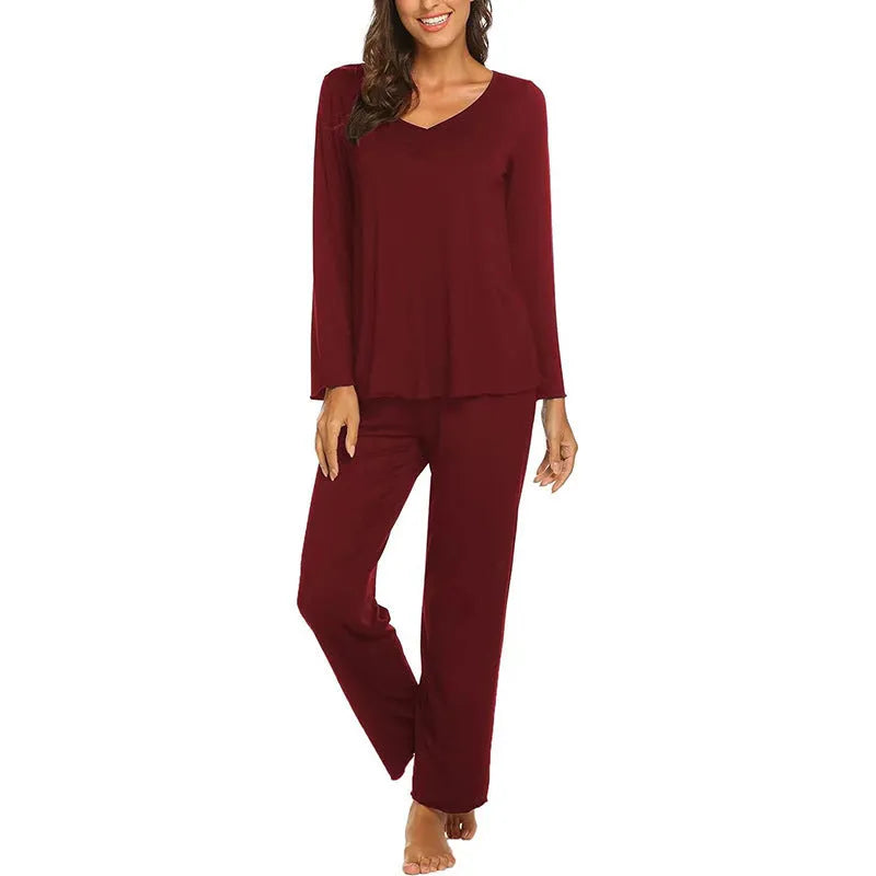 Women's casual solid colour milk silk V-neck long sleeve loungewear set in navy blue with matching trousers