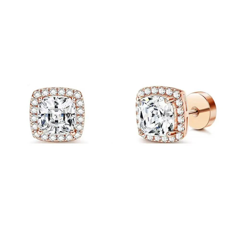 Women's diamond square bag earrings in stainless steel, 8mm geometric shape, electroplated finish, steel colour