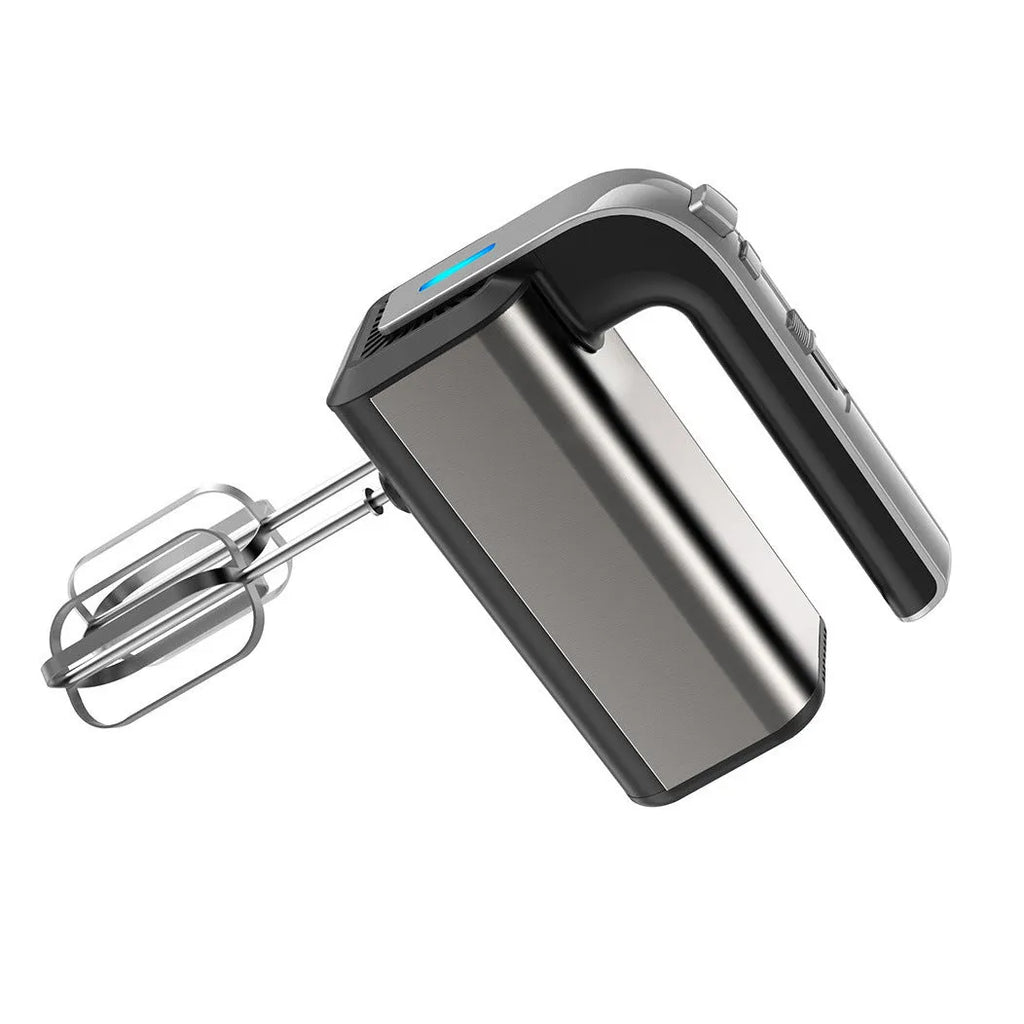 Silver handheld electric whisk with 5-speed control dial