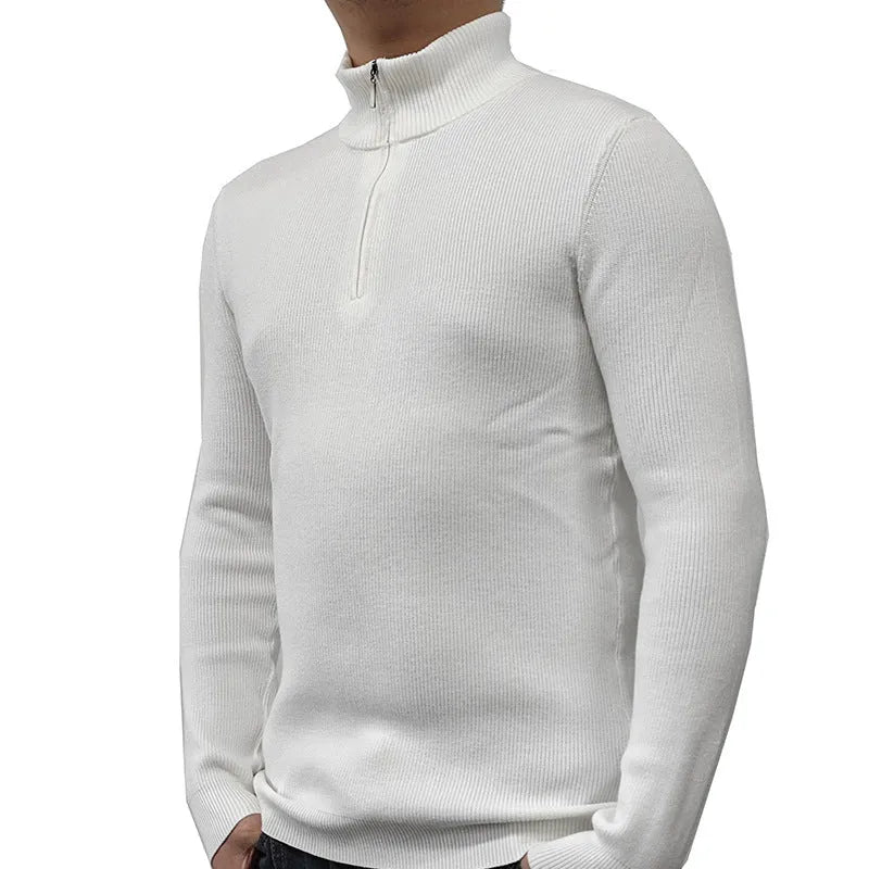 Men's half-turtleneck zipper sweater in cotton blend fabric shown in black, grey, green, orange, and white colours.
