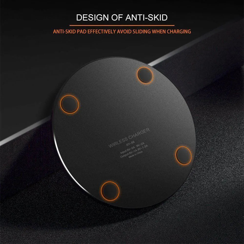Black ultra-thin wireless fast charging pad with 98mm square dimensions for smartphone charging