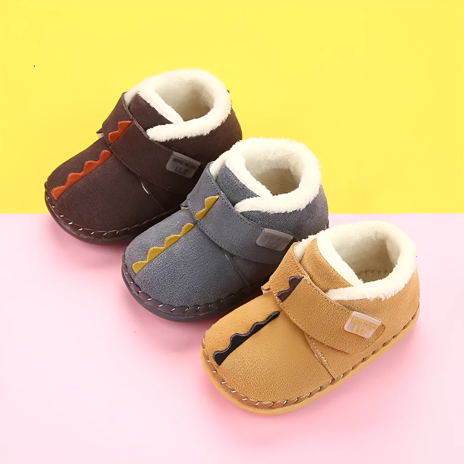 Children's winter cotton shoes with fleece lining and Velcro fastening in dark brown
