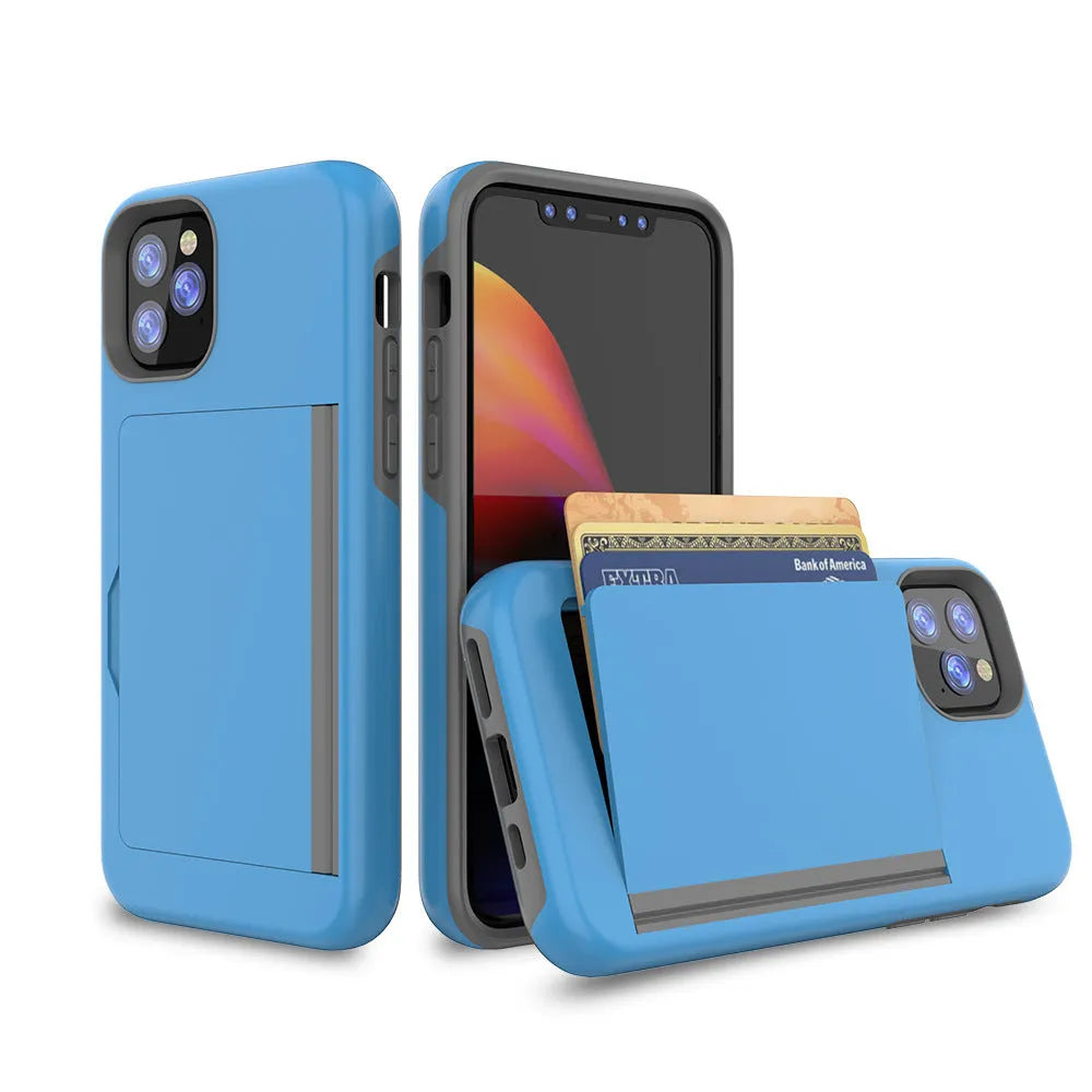 iPhone 11 protective case in TPU+PC material showing black, red, pink, dark blue, blue, and purple colour options