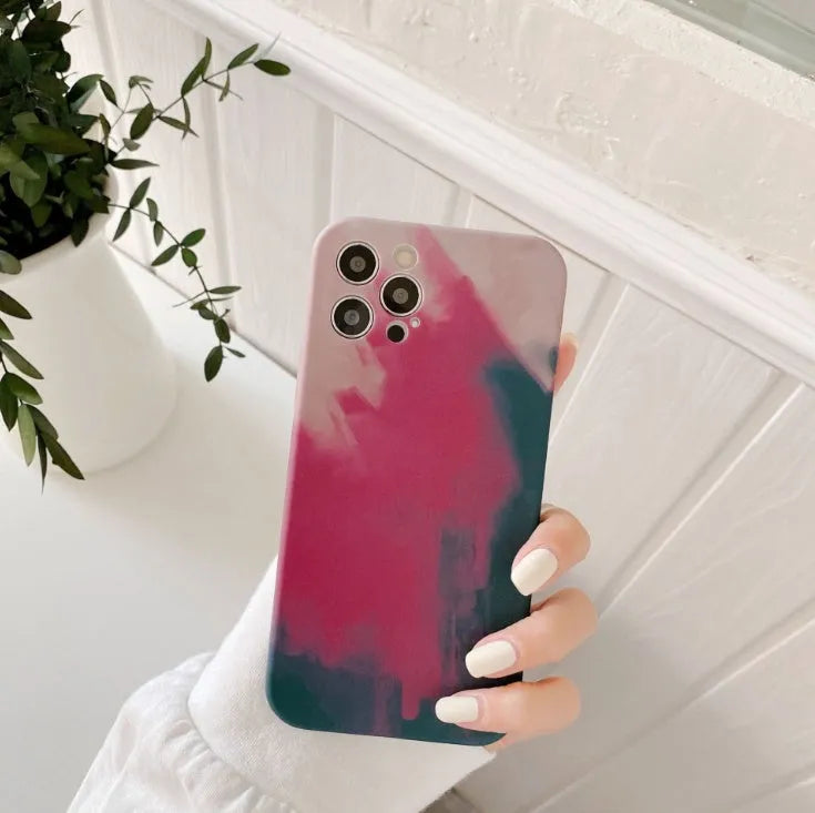 Soft silicone iPhone case with blue and purple oil painting gradient and white geometric abstract pattern.