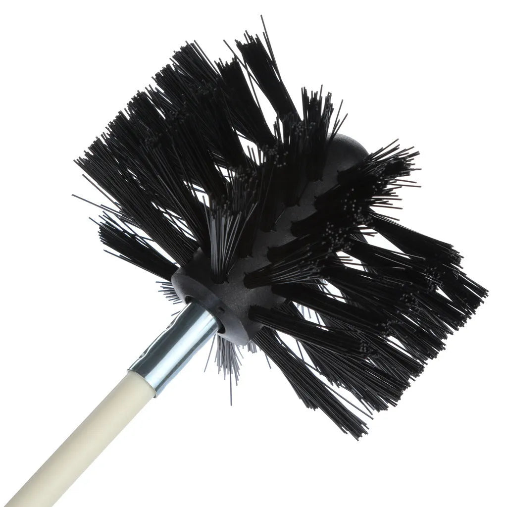 Flexible chimney cleaning brush with nylon bristles for dryer and range hood ducts.