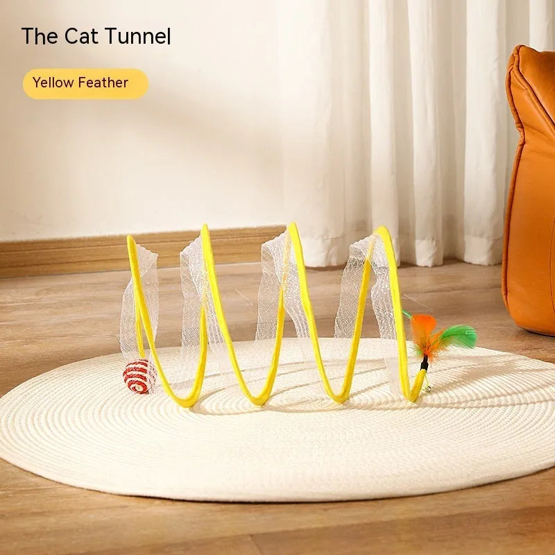 Folded cat tunnel S type in striped pattern with mouse and feather attachments on each end