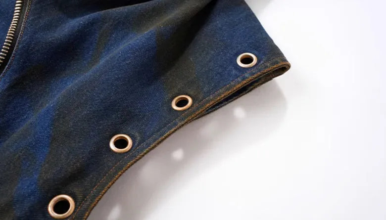 Blue hooded denim vest coat and matching trousers two-piece Korean style outfit