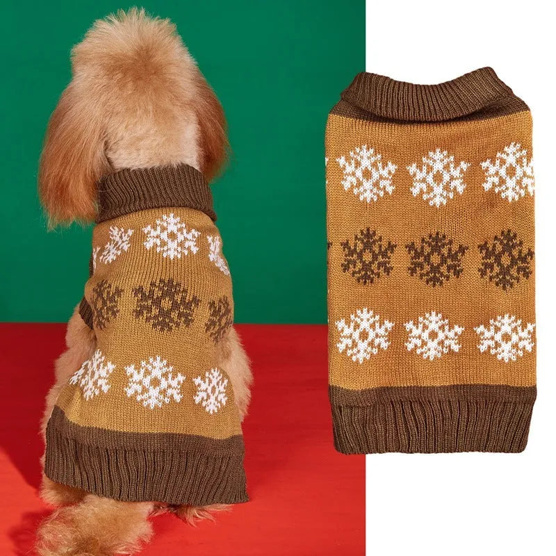 Dark brown and grey dog Christmas sweater with snowflake pattern, acrylic knit construction