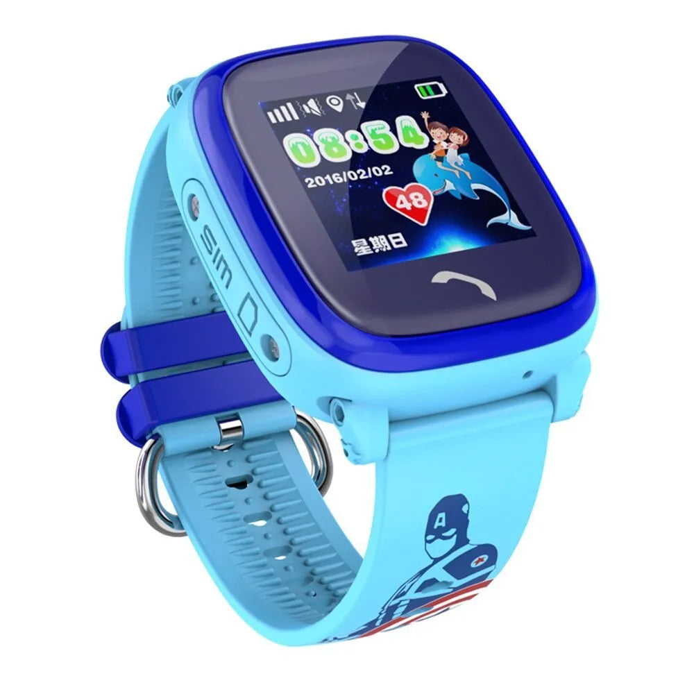Blue DF25 children's waterproof smartwatch with touchscreen display and silicone strap on a wrist.