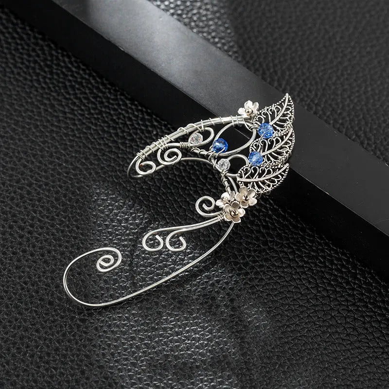 Handmade leaf shaped elf ear clip in gold pair with electroplated finish on woman
