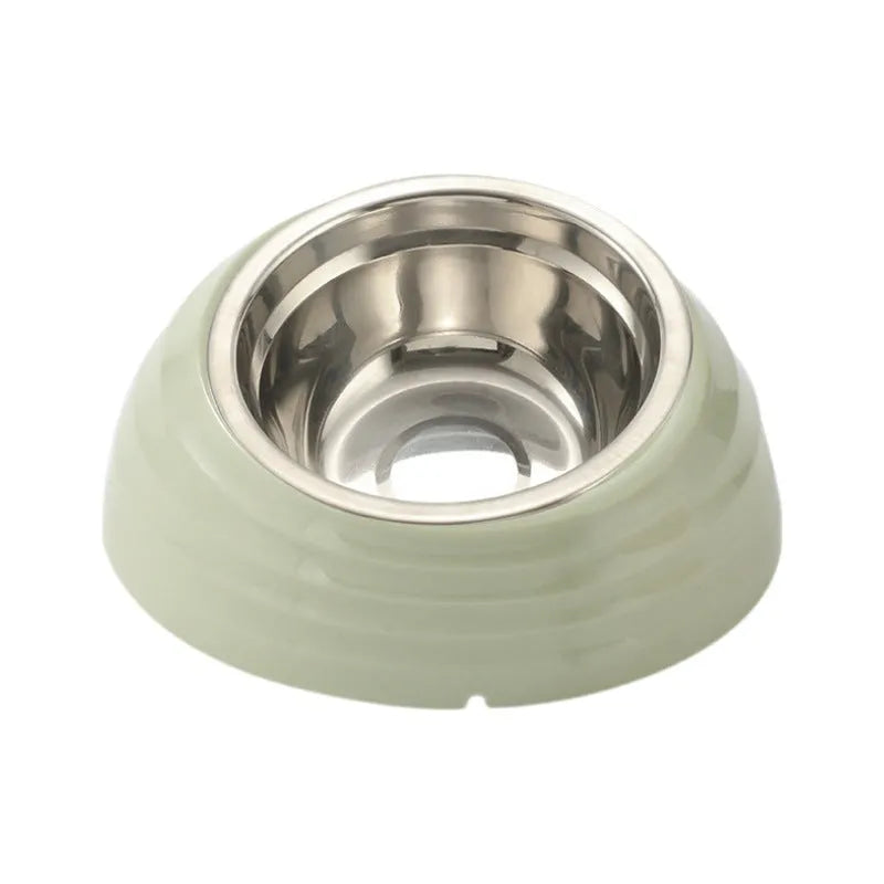 Stainless steel cat bowl on plastic stand in beige, green or brown colour