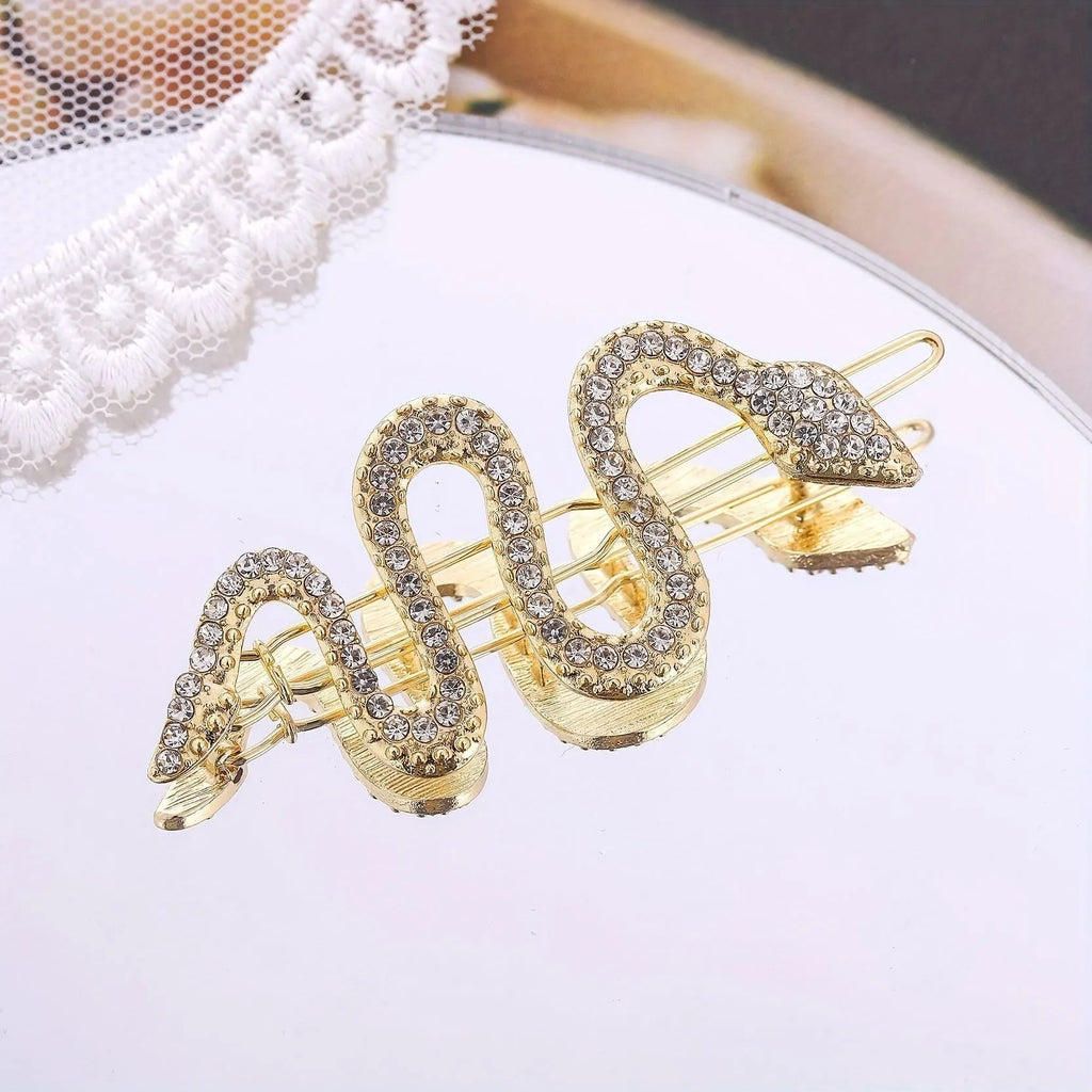 Korean vintage snake hair barrette with rhinestone detailing in gold electroplated alloy