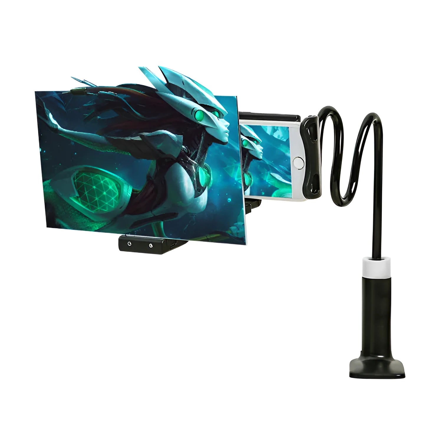 Black 12-inch mobile phone screen amplifier with adjustable bracket on a table.