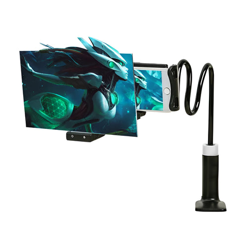 Black 12-inch mobile phone screen amplifier with adjustable bracket on a table.