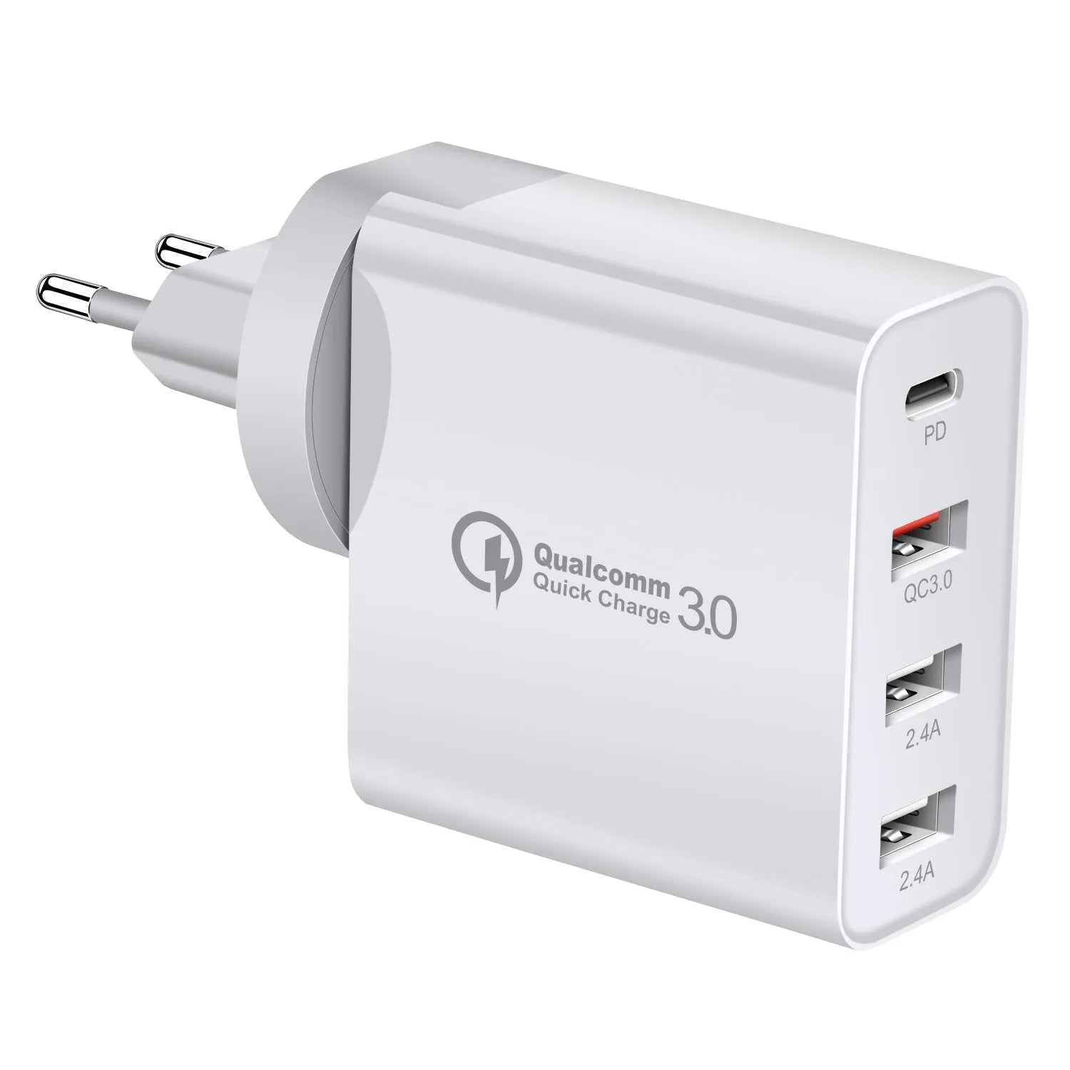 48W four-port USB-C wall charger in black or white with international plug types