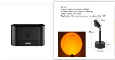 Square 180ml ultrasonic aroma diffuser with flame LED light in black, on a desk with visible mist
