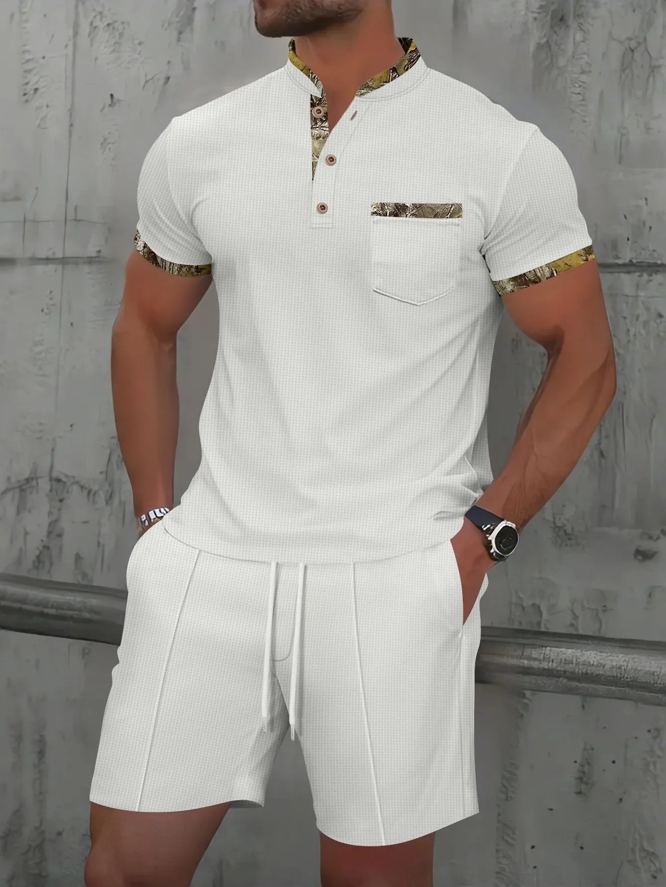 Men's waffle texture short sleeve suit set with zipper polo collar and shorts in solid colour