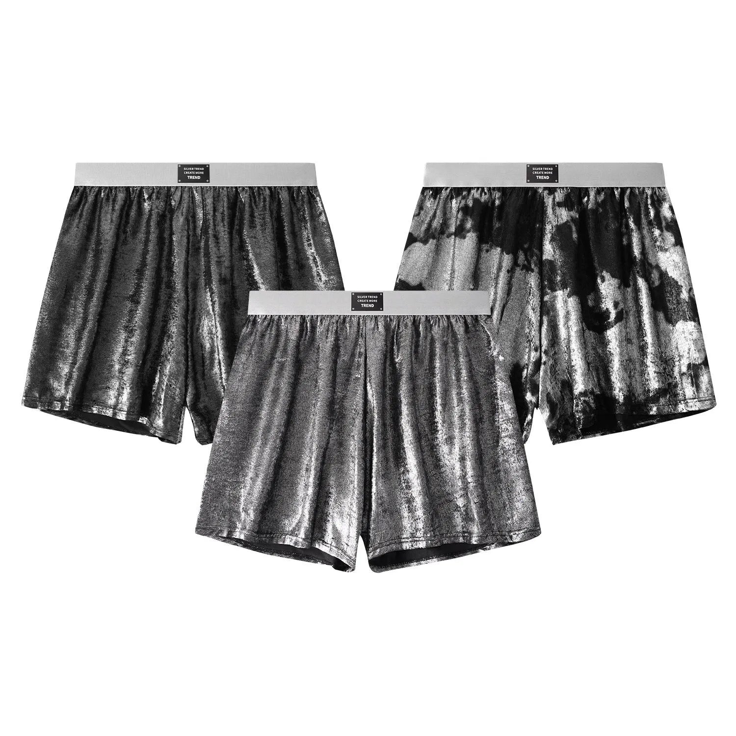 Galaxy reflective bright silver casual woven underwear with loose fit and mid waist design for sports activities