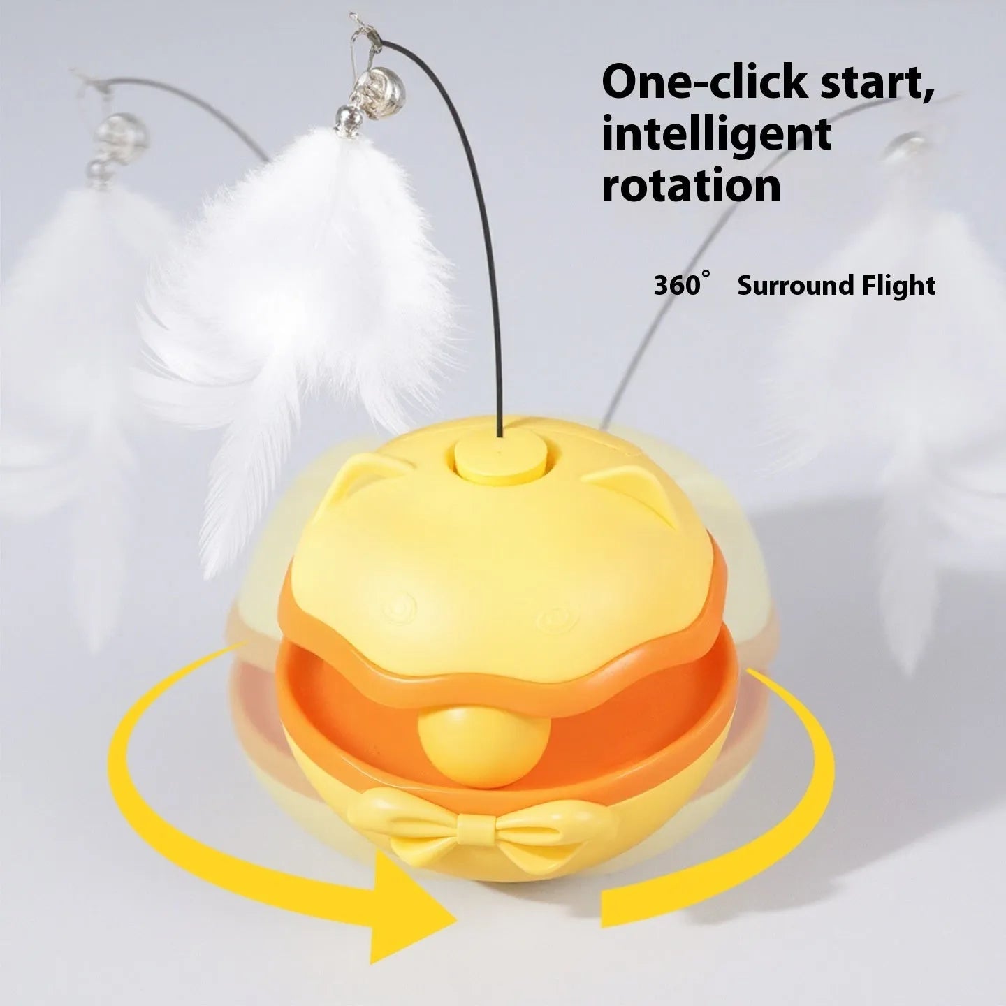 Electric cat toy tumbler with teasing stick in lemon yellow, sky blue and soft fog grey colour options