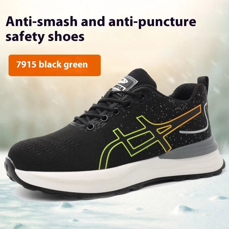 Brown lightweight labour protection safety shoes with leather upper and rubber sole.