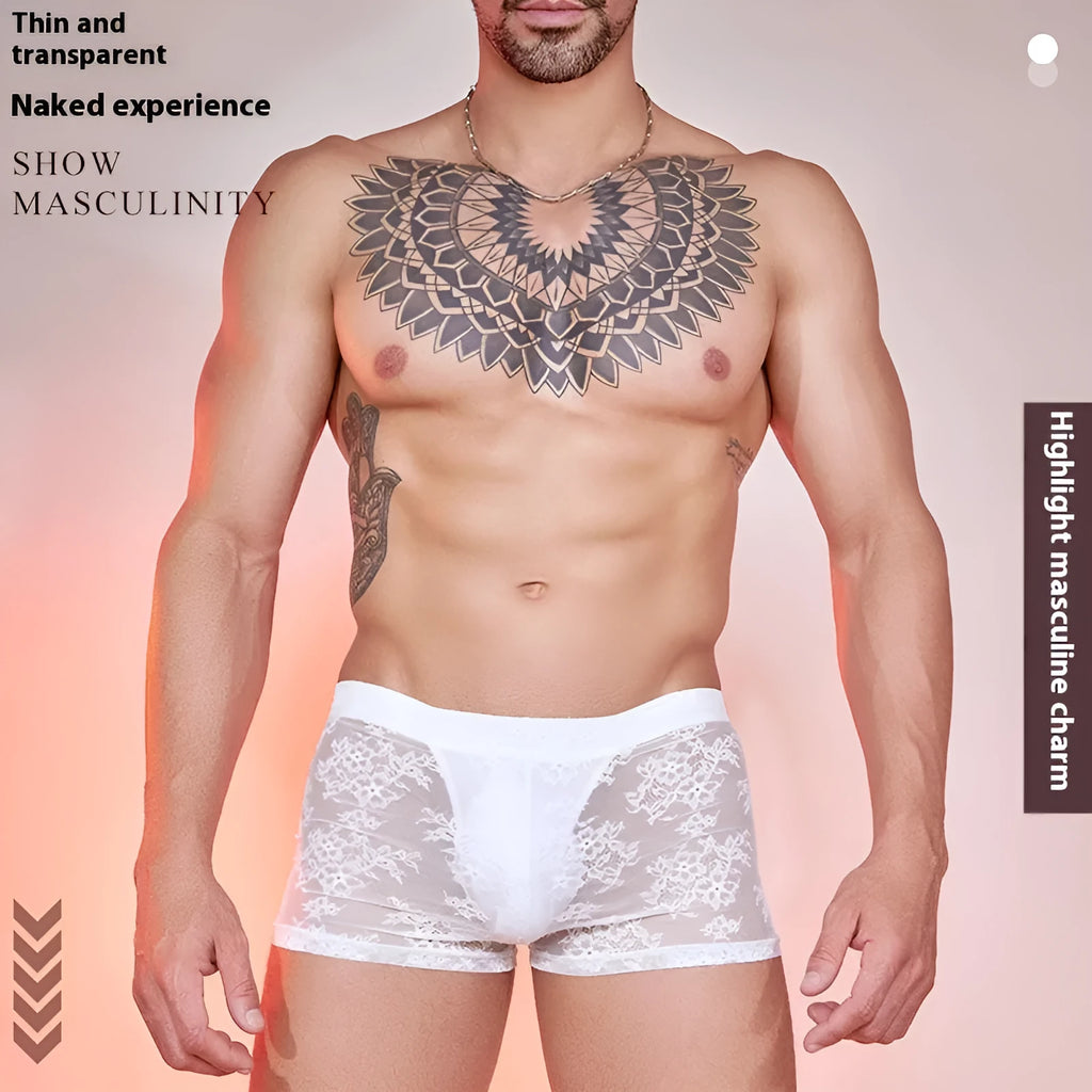 Black lace-trimmed men's nylon boxer briefs laid flat, showing elasticated waistband.