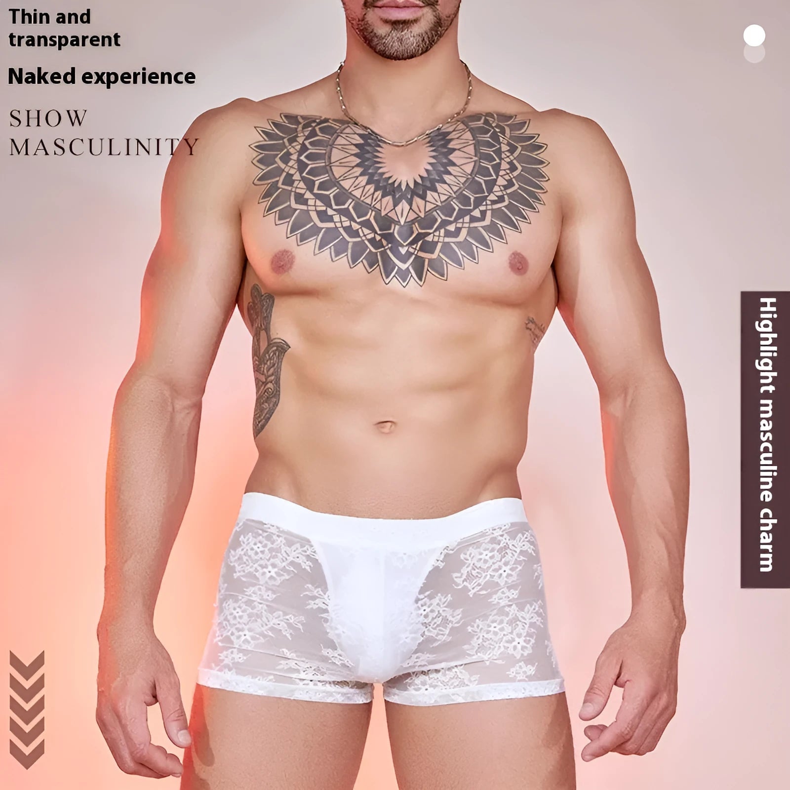 Black lace-trimmed men's nylon boxer briefs laid flat, showing elasticated waistband.