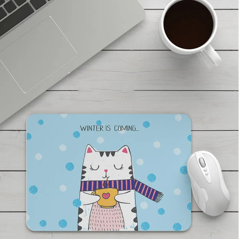 Custom cartoon mouse pad with thickening, showing example artwork on non-slip rubber and cloth base.