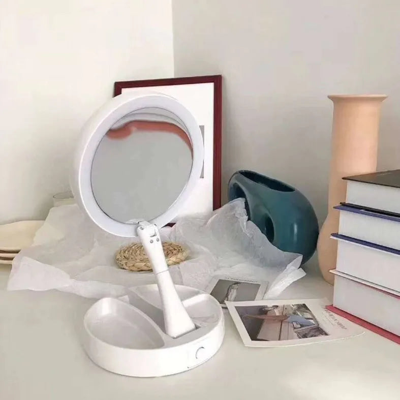 White foldable acrylic double-sided LED vanity mirror with USB charging port