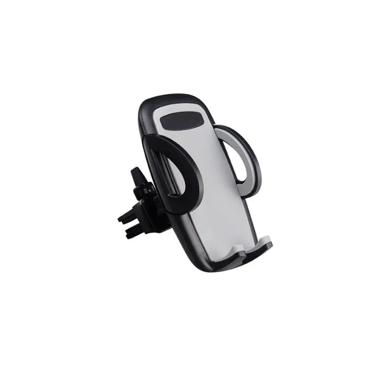Black plastic car mobile phone holder mounted on air conditioning vent with adjustable arms gripping smartphone