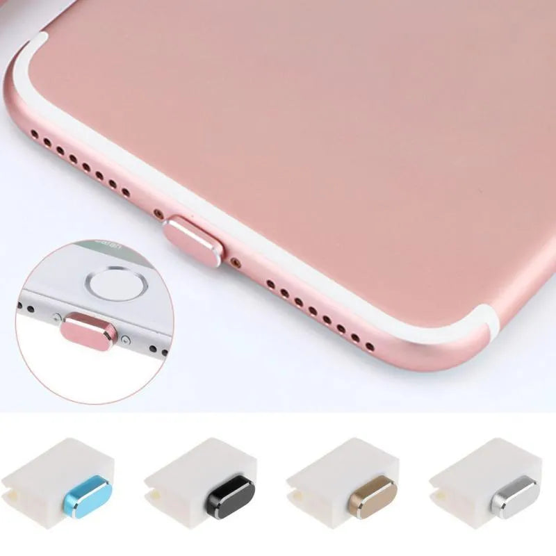 Aluminium alloy charging port dust plug for iPhone in various colours including gold, silver, and rose gold.