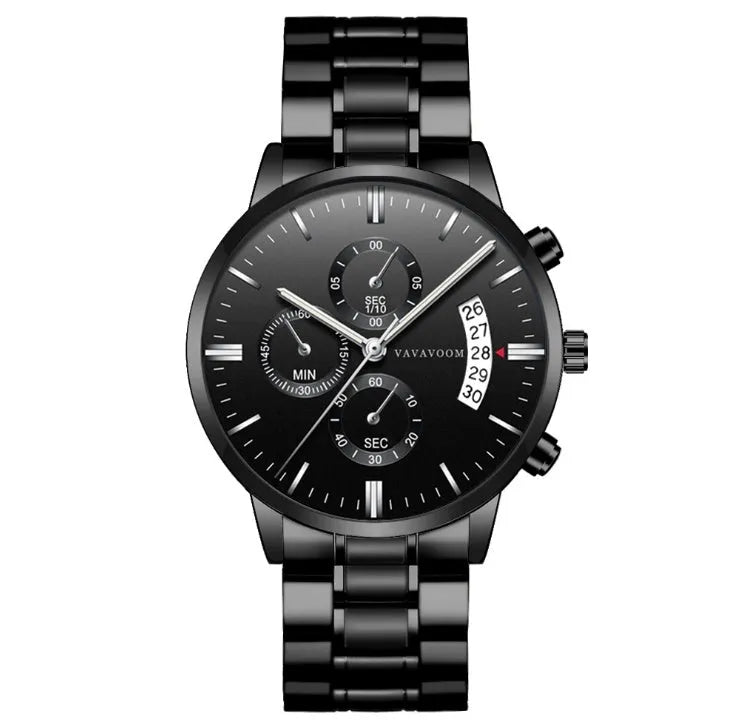 Men's stainless steel quartz watch with 43mm round dial and butterfly buckle in black and silver