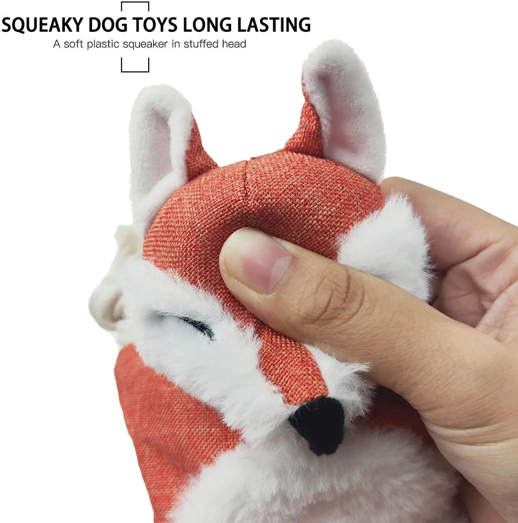 Brown plush fox dog toy with embroidered eyes, rope arms, and a squeaker in its head.