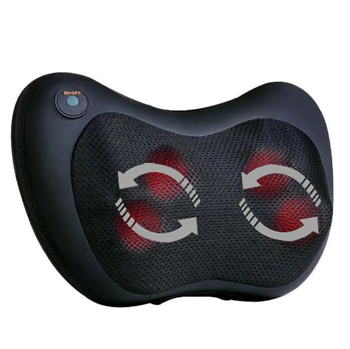 Electric infrared kneading massage pillow in black PU leather with control buttons and adjustable fixing strap for car seat use