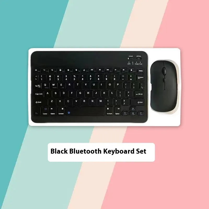 10-inch solid colour Bluetooth keyboard and rechargeable dual-mode mouse set on a desk.