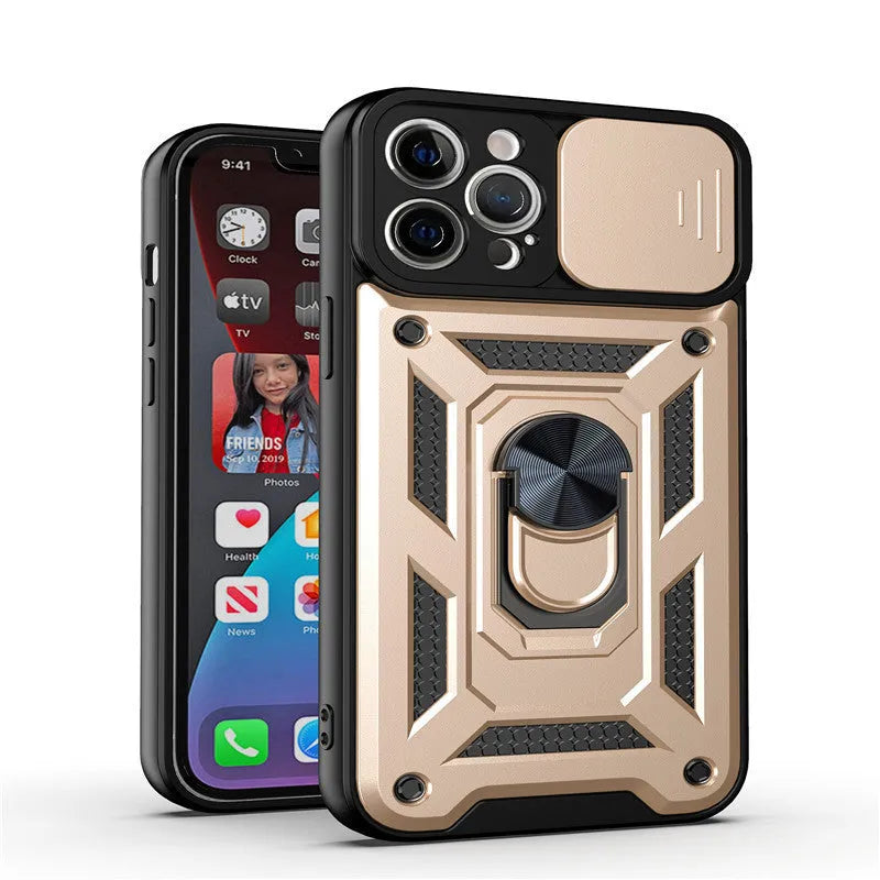 Sergeant sliding window magnetic phone case in blue for iPhone, showing the integrated bracket.