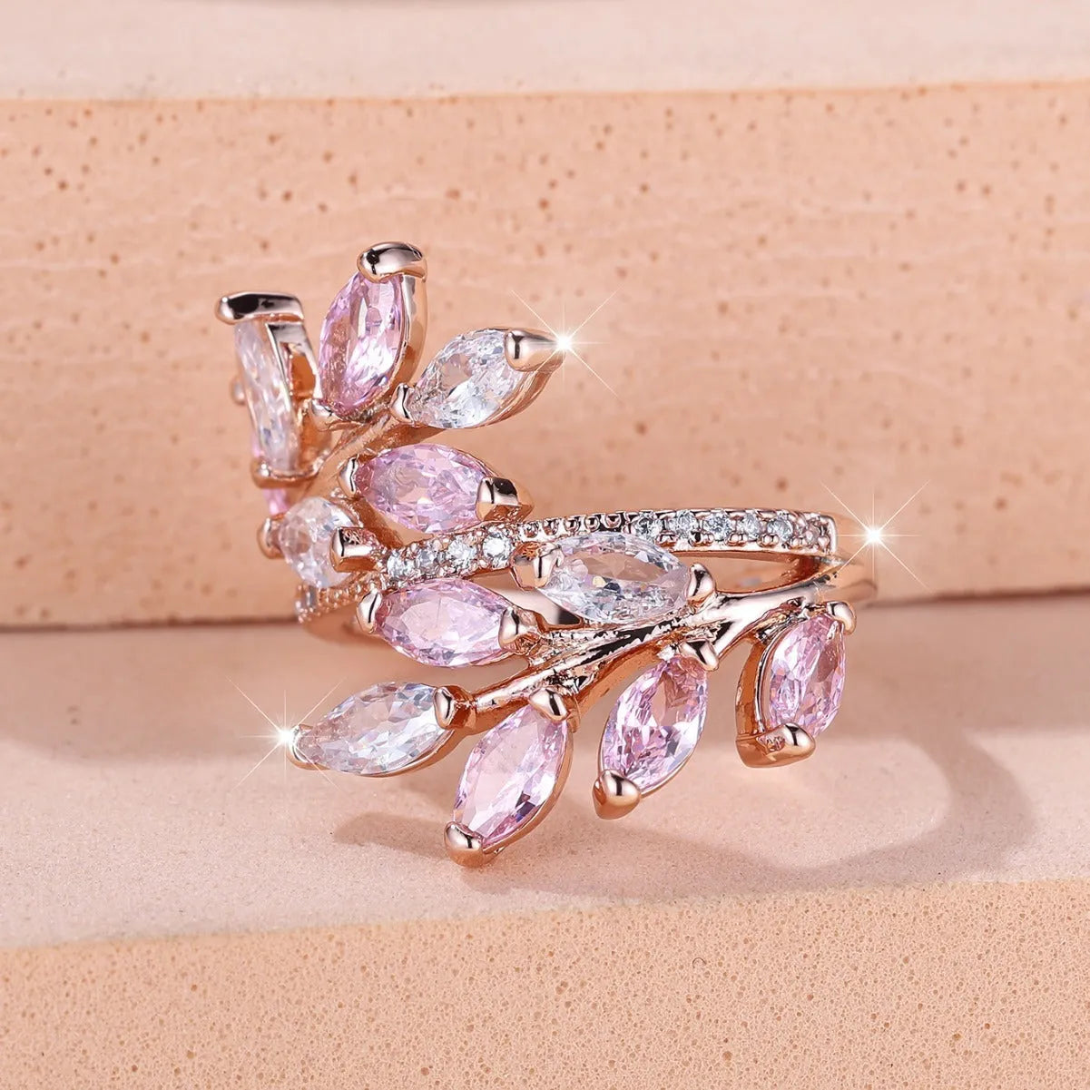 Adjustable copper leaf fashion ring with stone settings in multiple colour options
