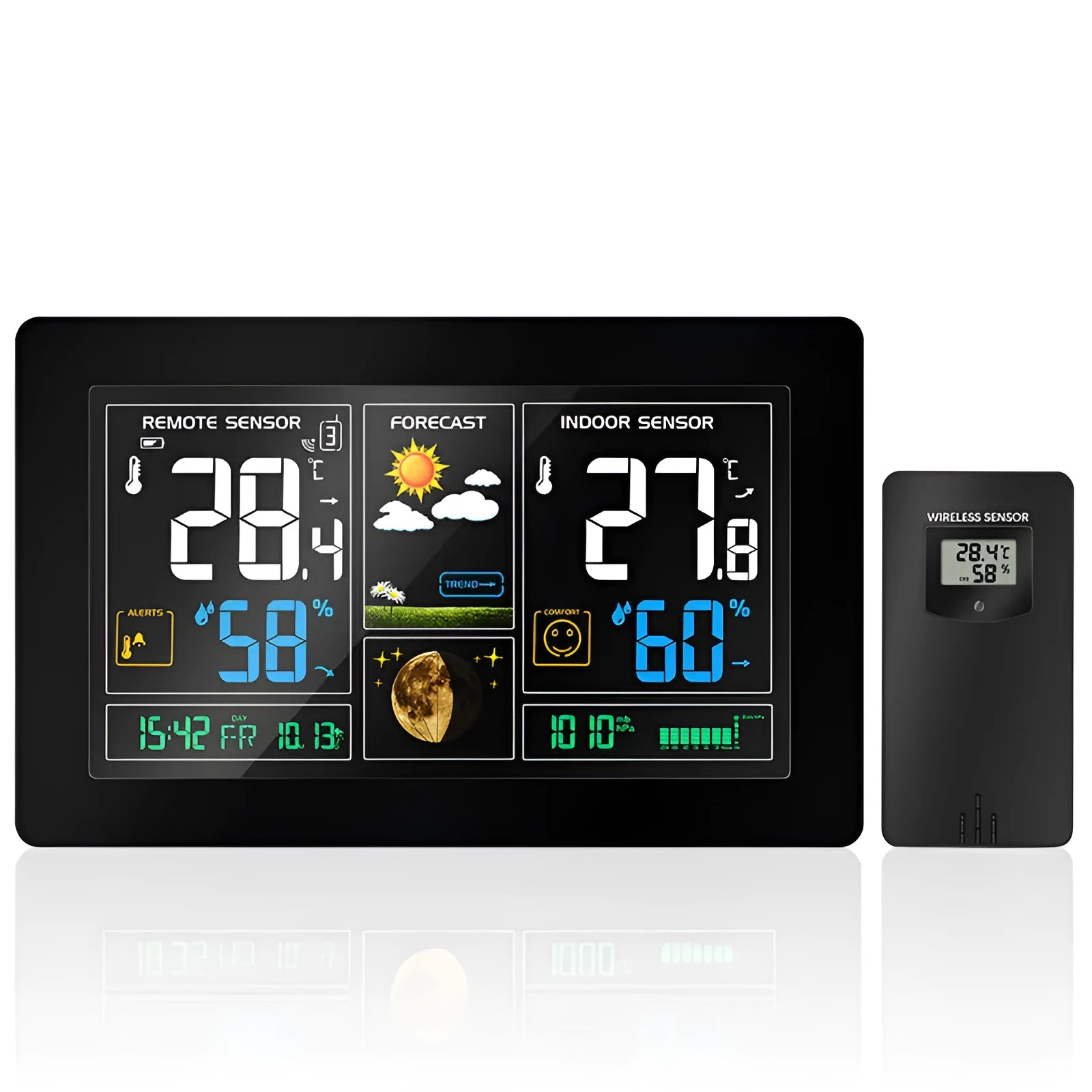 Black rectangular radio controlled alarm clock with LCD perpetual calendar, humidity, and weather forecast display