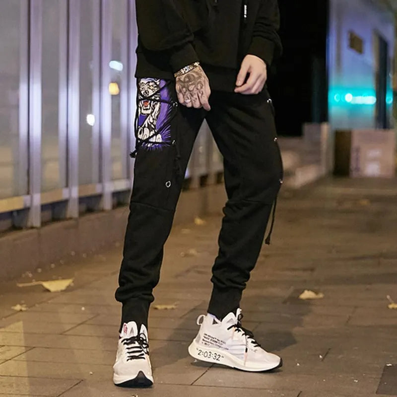 Cotton rope harem pants for men with cartoon hip hop print in black loose fit streetwear trousers