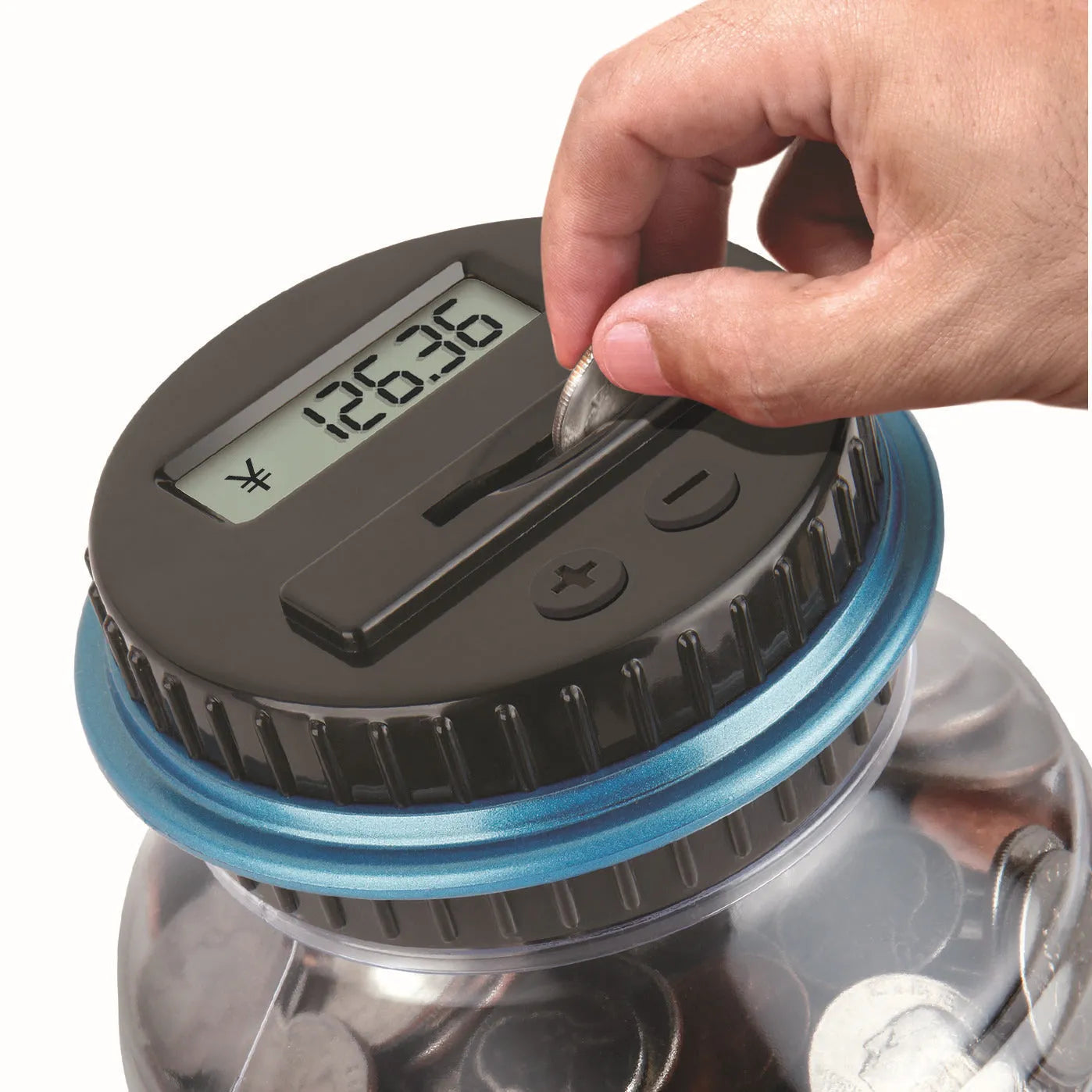 Transparent digital coin counting money box with LCD screen on black lid, 11.5cm by 20cm