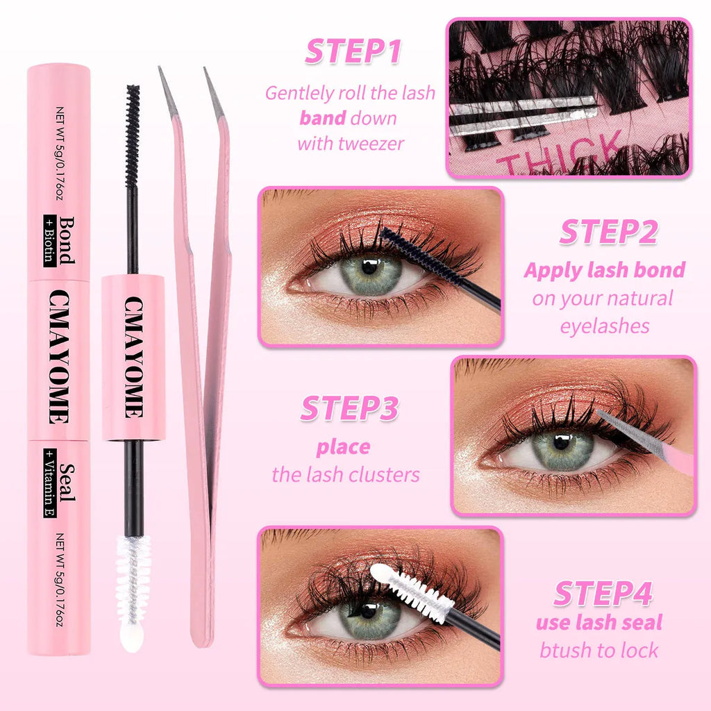 DIY false eyelash extension suit showing single cluster lashes and application tweezers