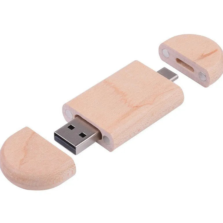 Carved wooden USB flash drive with phone ornament in various wood finishes
