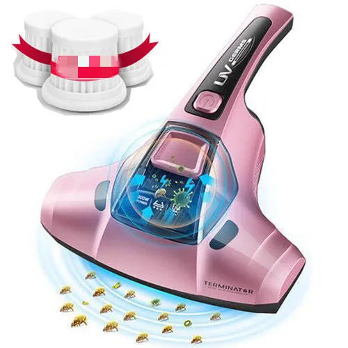 Pink handheld vacuum cleaner with UV-C light for mite removal on mattresses and sofas