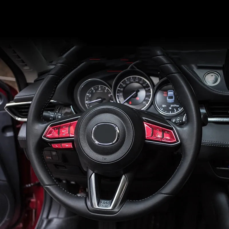 Aluminium alloy decorative stickers for car steering wheel buttons in brushed red, silver, and blue colours