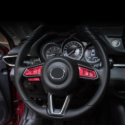 Aluminium alloy decorative stickers for car steering wheel buttons in brushed red, silver, and blue colours