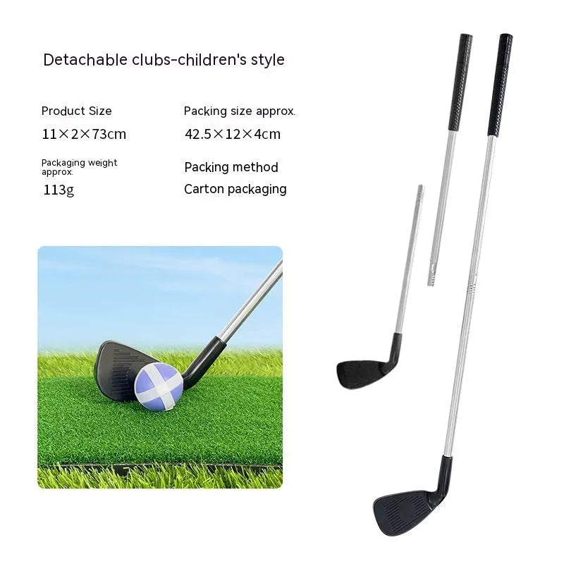 Metal golf club set showing adult and child colour variants for outdoor sports practice